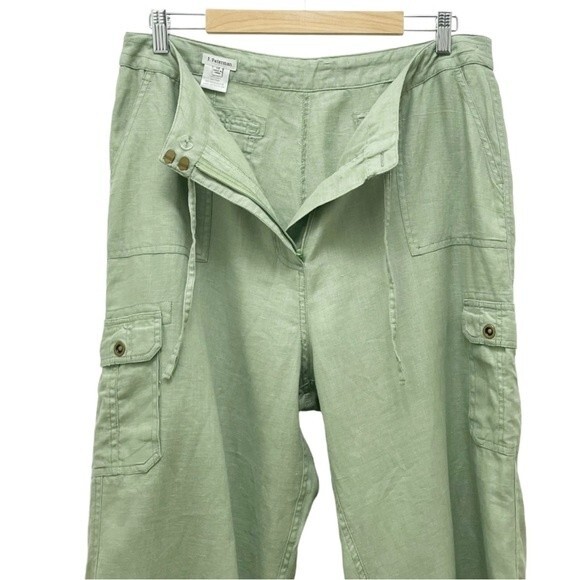 J. Peterman 100% Linen Celery Green Cropped Cargo Pants Size 14 Flowy Lagenlook - Picture 5 of 8